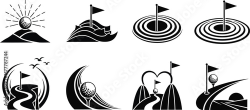 A collection of black and white vector icons depicting various golf course elements, including flags, balls, hills, and holes, in different artistic compositions.