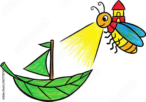 A Firefly Lighthouse Guiding a Little Leaf Boat