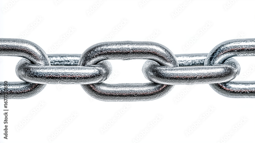 Obraz premium Interlocked silver metal chain links forming a strong, continuous connection, shown isolated on a clean white background with sharp detail and reflective texture.