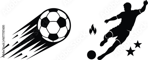 Soccer ball in motion with speed lines and a player kicking the ball with stars and fire.