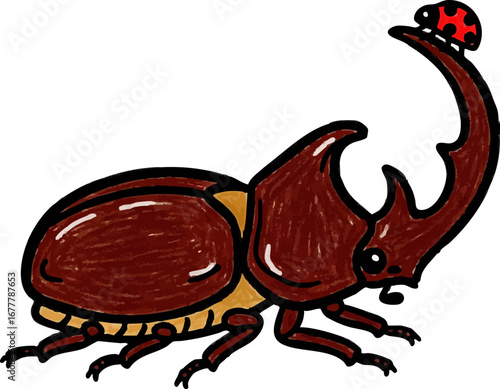A Japanese Rhino Beetle with a Ladybug on its Horn