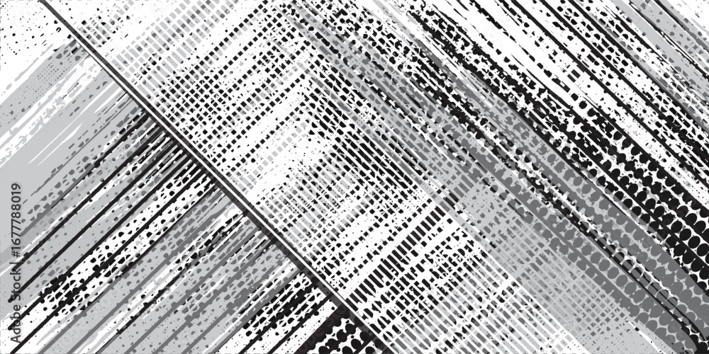 Fototapeta premium Abstract glitch art with diagonal lines and digital noise in grayscale tones. Modern futuristic texture design, distorted pattern background, perfect for technology, cyber, and creative projects.
