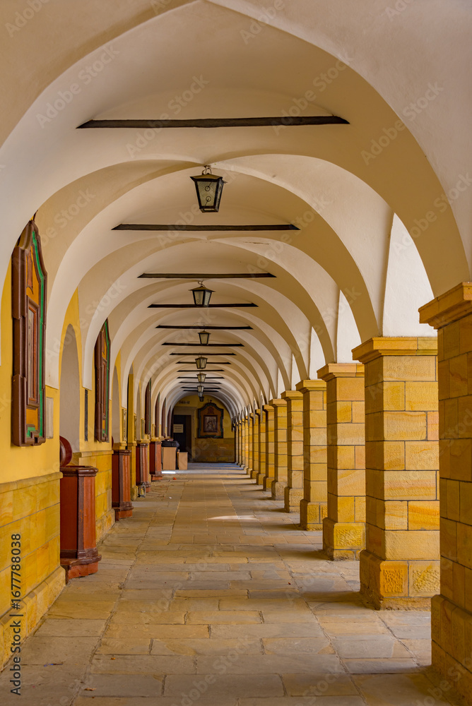 Fototapeta premium Corridor at Kalwaria Zebrzydowska monastery in Poland during a s