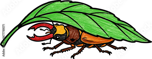 A Stag Beetle Hiding Under a Big Leaf