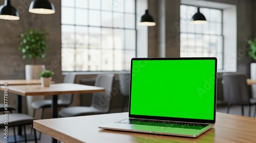 Wallpaper Mural Laptop with Green Screen Display on Wooden Table in Modern Industrial Style Cafe, showcasing technology and remote work possibilities. Torontodigital.ca