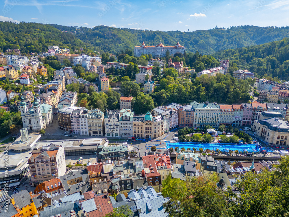 Fototapeta premium Aerial view of Karlovy Vary in Czech republic