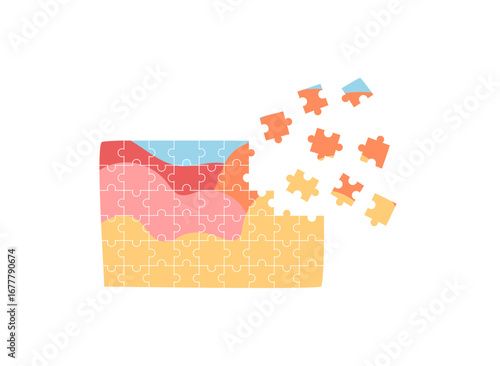 Flat jigsaw puzzle sticker with colorful puzzle pieces. Fun board game activity for children and toy enthusiasts. Simple design, table entertainment for family or leisure boardgame play.