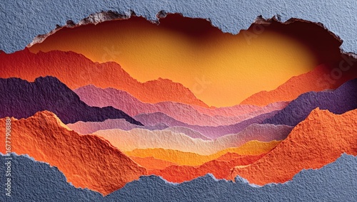 Torn paper landscape, colorful mountains