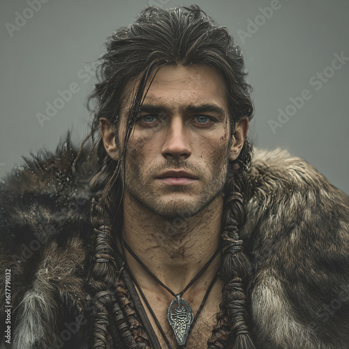 A portrait of a Viking warrior with length brown hair, intense blue eyes, stubble beard, a fur cape, and a precise face against a cloudy sky.