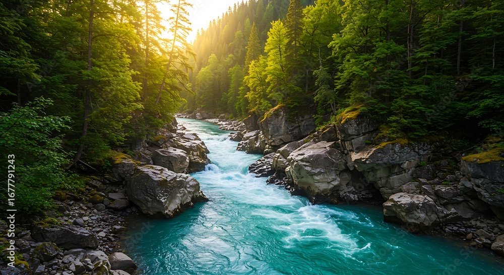 Naklejka premium Lush green forest cascading waters flowing through rugged terrain illuminated by sunlight