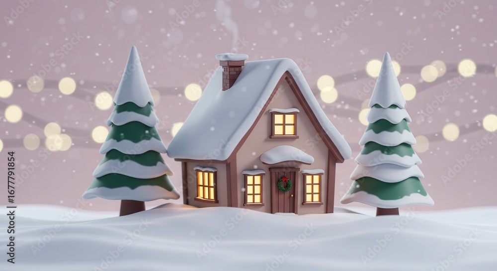 Naklejka premium Cozy christmas house in winter wonderland with snow covered trees and lights creating a festive and magical atmosphere