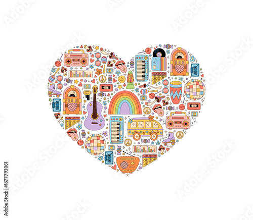 Groovy retro music heart in a colorful sticker style. Festival concept includes disco, y2k guitar, and cassette with a modern graphic background for fun pop art and creative decor.