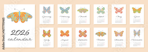 Groovy retro butterfly calendar with cute and colorful month template. Modern 2026 year collection in graphic banner style, y2k accent as a cheerful wall or desk addition for bright and playful decor.