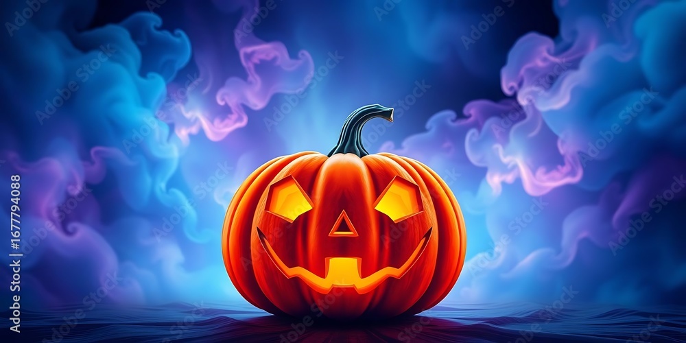 Fototapeta premium glowing carved jack-o'-lantern with a smiling face, set against a spooky blue and purple smoky background.