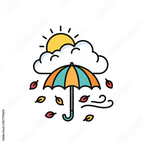 Autumnal umbrella graphic design with sun, cloud, and falling leaves.