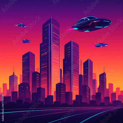 Vibrant retro-futuristic city skyline with glowing skyscrapers and flying cars against a colorful sunset, digital illustration concept art