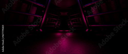 Fototapeta Naklejka Na Ścianę i Meble -  Dark Sci-Fi Corridor with Neon Magenta Lights
