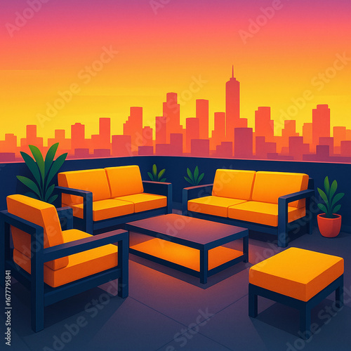 Stylish rooftop terrace with modern furniture, glowing under a vibrant sunset against a dramatic city skyline, ideal for serene urban relaxation