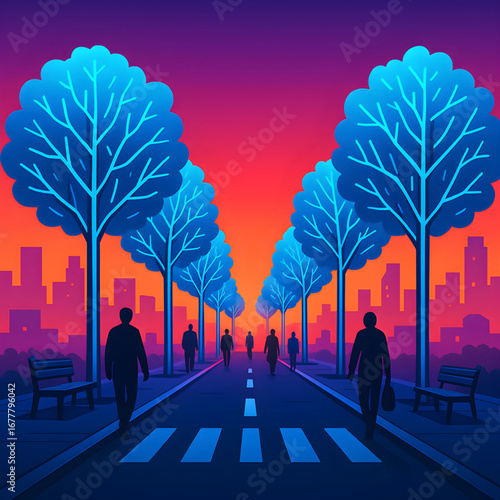 Abstract illustration of people walking on a city street, lined with blue trees and a vibrant sky