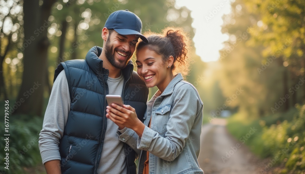 Fototapeta premium Joyful couple sharing a moment while looking at a smartphone