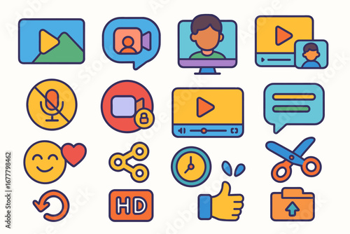 Video and communication icon set. flat media, chat icons flat style collection
