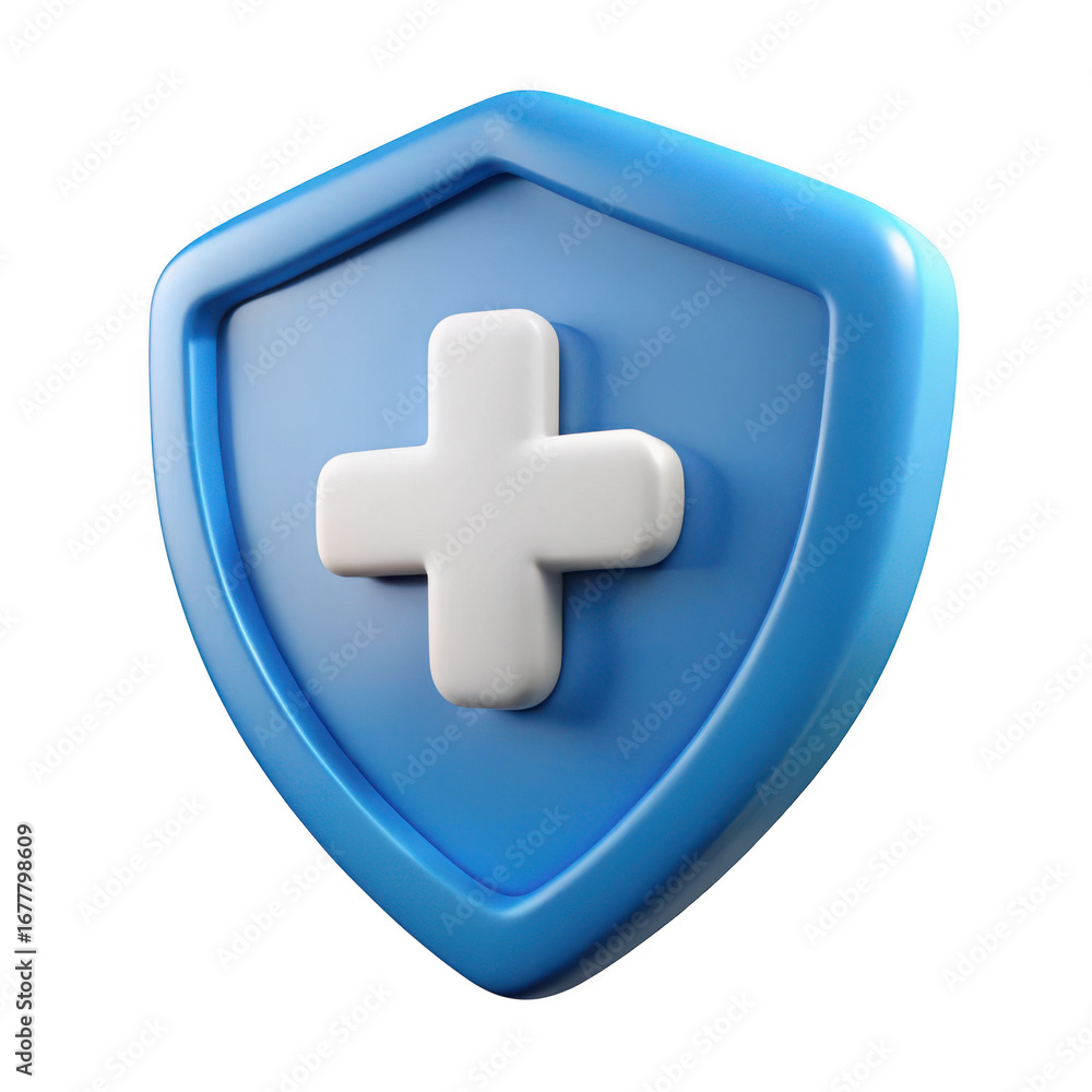 Fototapeta premium 3d blue shield with white cross isolated on transparent background