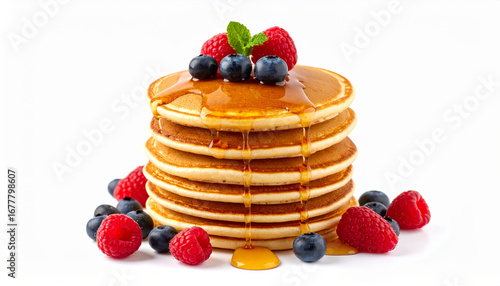 Stack of golden pancakes drizzled with syrup and topped with fresh berries and mint