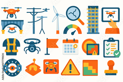 Engineering, technology flat icon set. industry, construction, tools in flat style