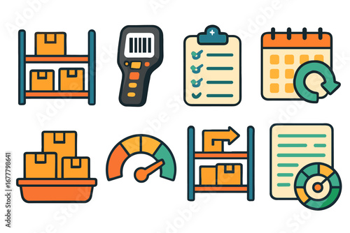Inventory and logistics flat icon set. warehouse, shipping, storage, management icons