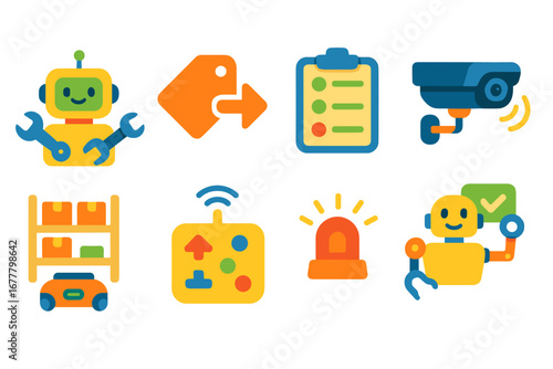Robotics, automation flat icon set. simple symbols for technology and innovation