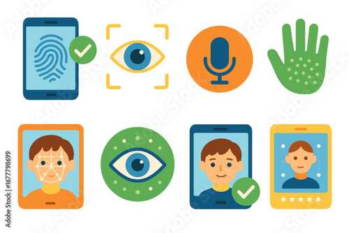 Biometric security flat icon set. authentication, fingerprint, face recognition icons