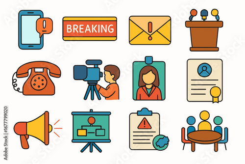 Communication and media flat icon set. news, message, phone, meeting, presentation icons