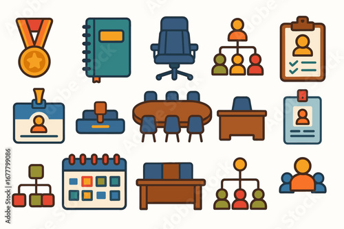 Business and office flat icon set. productivity, organization, management visuals collection
