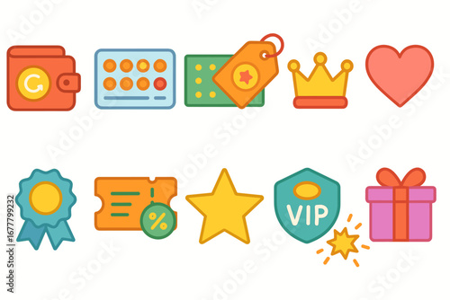 Rewards and loyalty flat icon set. membership, discount, star icons flat collection