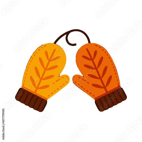 Vector art of pair of orange and yellow knitted mittens with leaf pattern