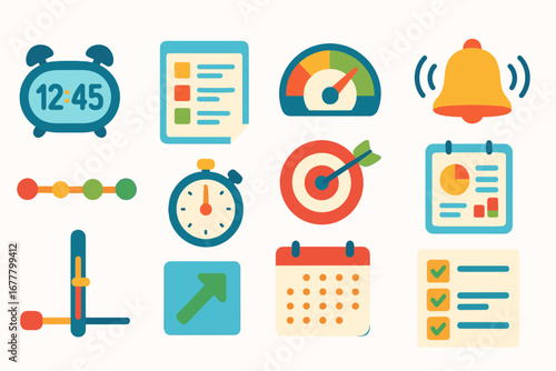 Productivity and planning flat icon set for task management and workflow efficiency