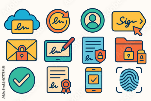 Digital signature icon set. authentication, security flat icons collection