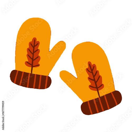 Vector art of pair of orange mittens with autumn leaf design