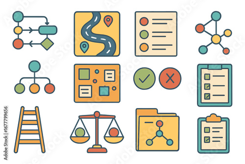 Business, organization outline icon set. planning, workflow icons outline collection