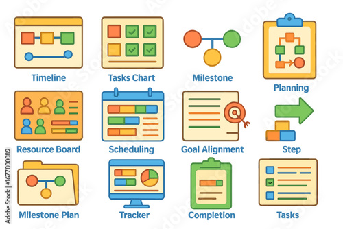Project management flat icon set. planning, milestone, tasks, scheduling icons collection