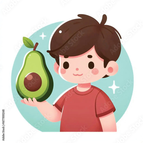 a man wearing a red t-shirt holding an avocado