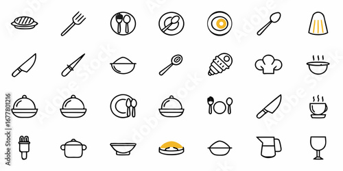 Collection of various kitchen utensils and food items in a simple line art style illustration