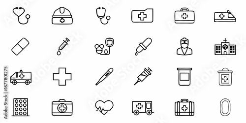 Collection of medical icons showing various healthcare related symbols and equipment in a line art style