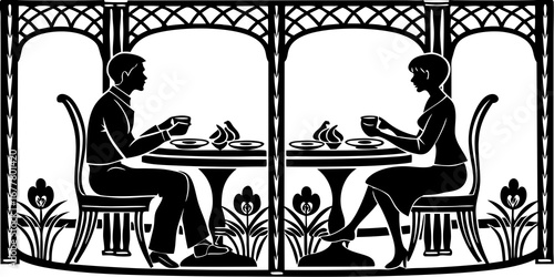 Silhouette of a man and woman at tables in a gazebo with flowers and food in black and white illustration