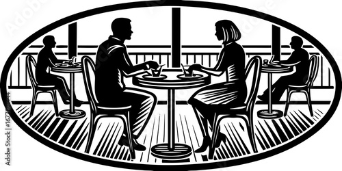 Silhouette illustration of people at cafe tables inside an oval border with striped floor design