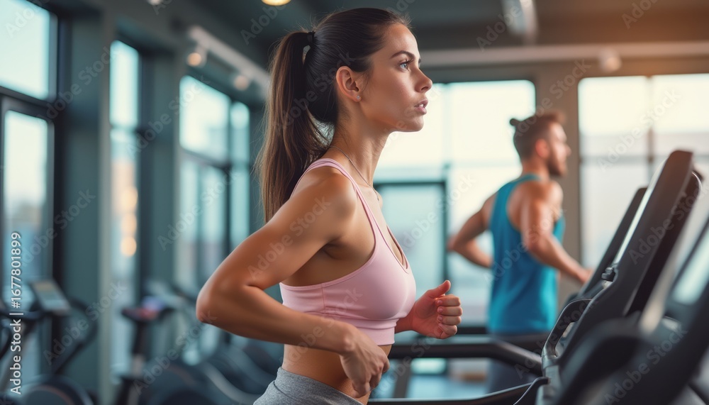 Fototapeta premium Focused woman running on a treadmill in a modern gym