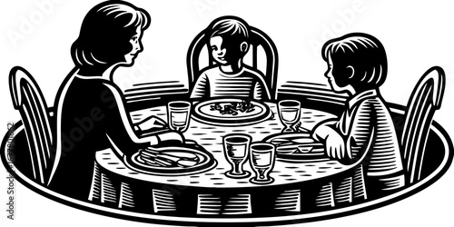 Family dinner scene with mother and two children around a table in black and white style design