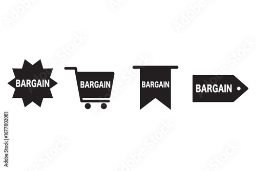 4種類のバーゲン白黒アイコンセット。