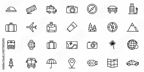 Collection of travel icons including luggage, cameras, vehicles, maps, and navigational tools displayed