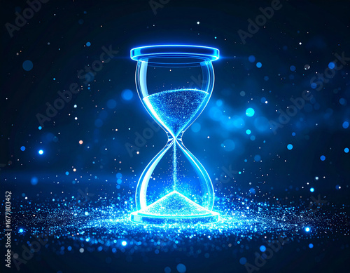 Futuristic Blue Hourglass Glowing Amidst Sparkling Stardust.